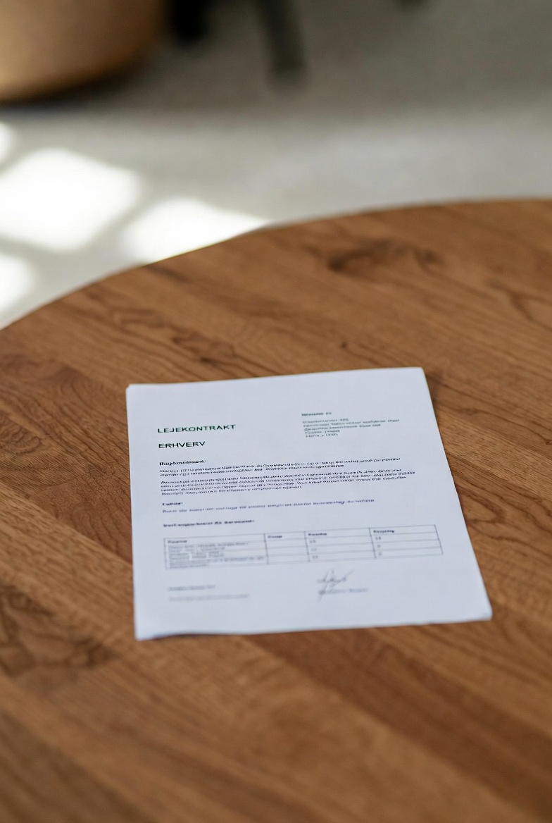 Et nærbillede af en udprintet dansk erhvervslejekontrakt med titlen "LEJEKONTRAKT ERHVERV", der ligger på et træbord i naturligt sollys. Dokumentet indeholder en tabel med vilkår, en underskrift nederst og lidt sløret tekst af hensyn til privatlivet. Papiret er let krøllet i kanterne.